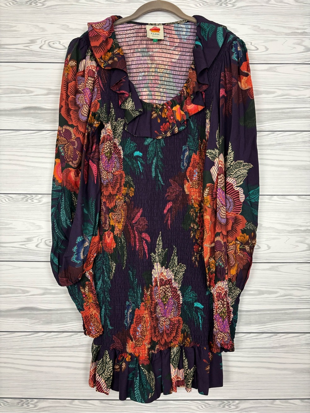 FARM Rio ruched flower scarves burgundy mini dress size large - Picture 3 of 11